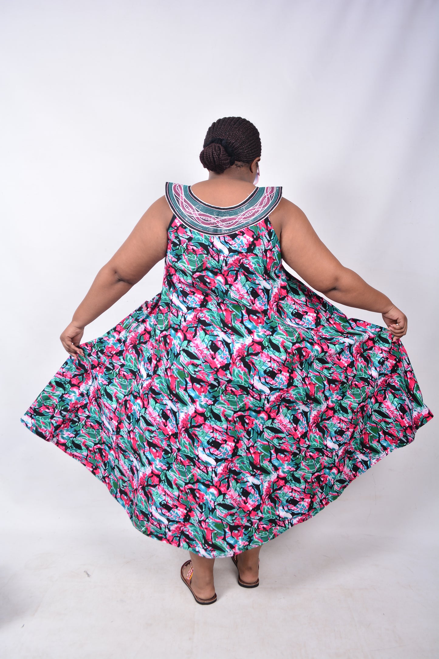 T8220 Traditional African Kente Fabric Pink, Green, White & Black Dress