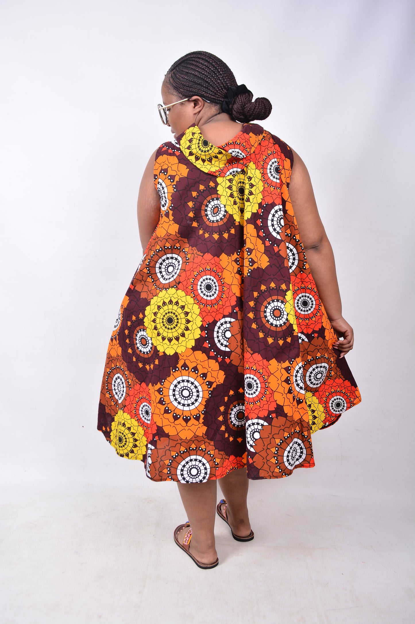 T8222 Traditional African Kente Fabric Orange, Brown, White, Yellow & Black Dress