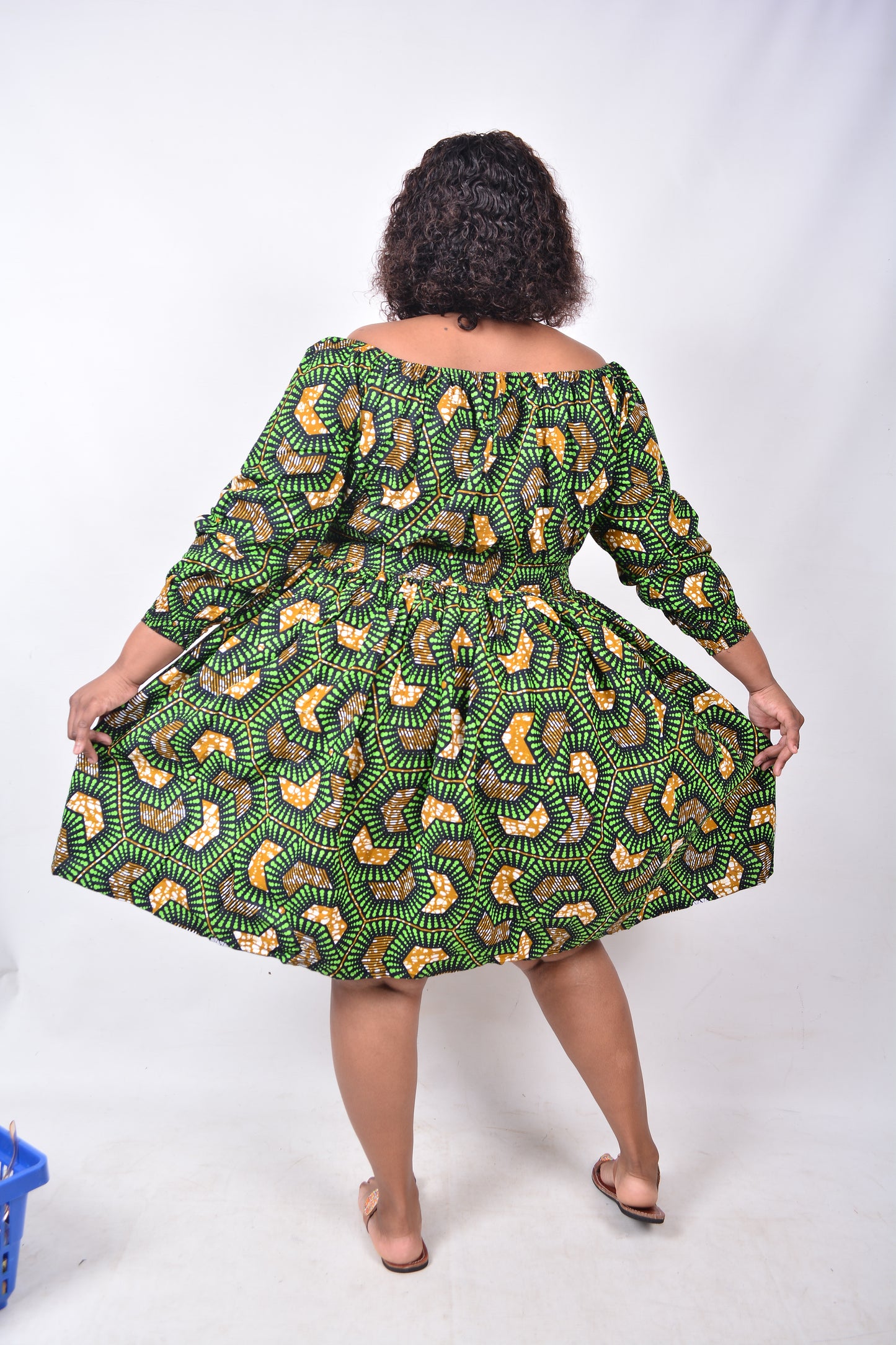 T8228 Traditional African Kente Fabric Green, Mustard, White & Black Dress