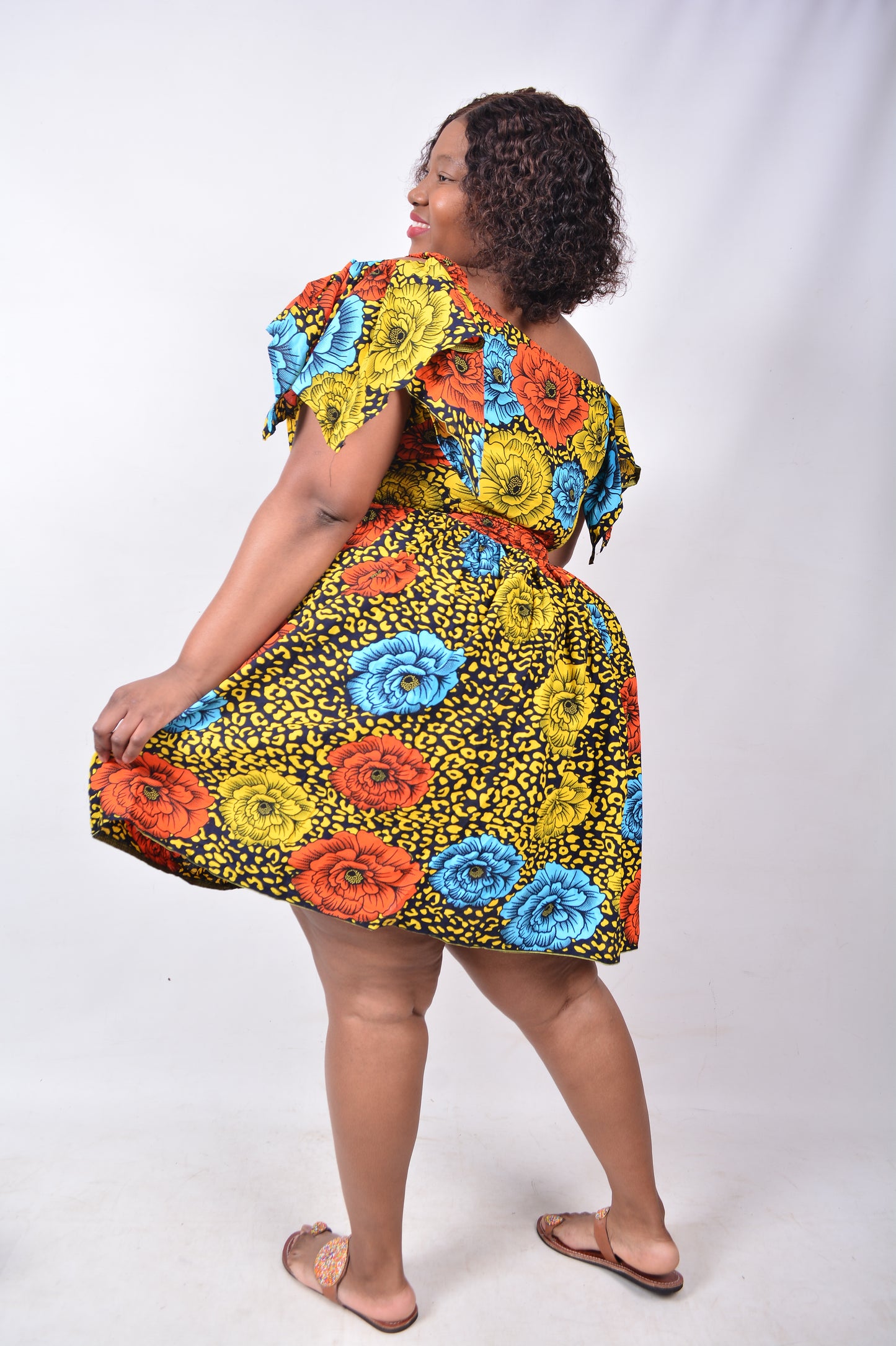 T8236 Traditional African Kente Fabric Yellow, Red, Blue, Navy & Black Dress