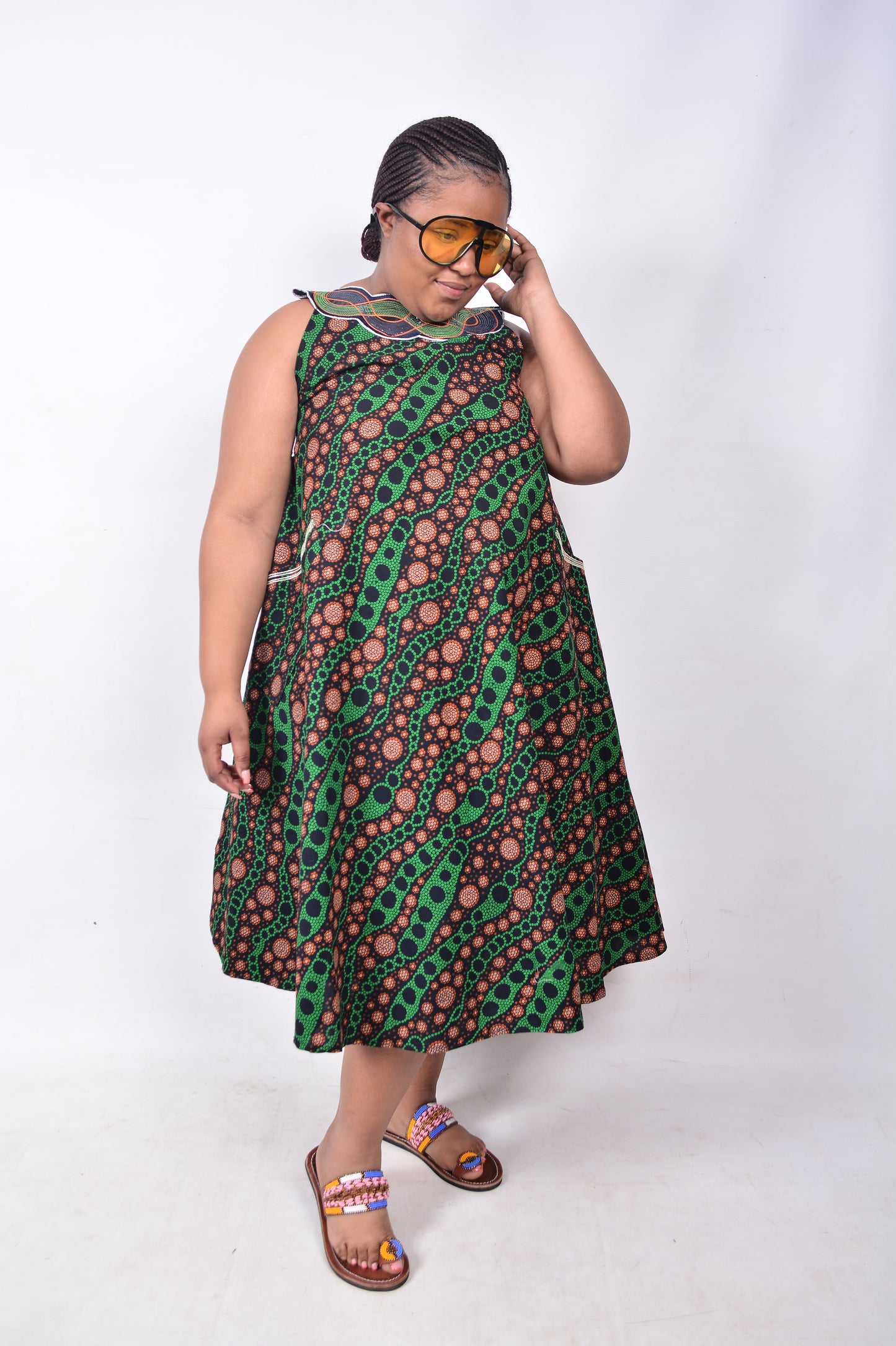 T8223 Traditional African Kente Fabric Green, Orange, White & Black Dress