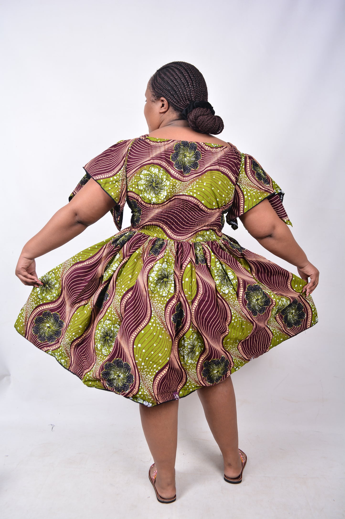 T8224 Traditional African Kente Fabric Brown, Green, White & Black Dress