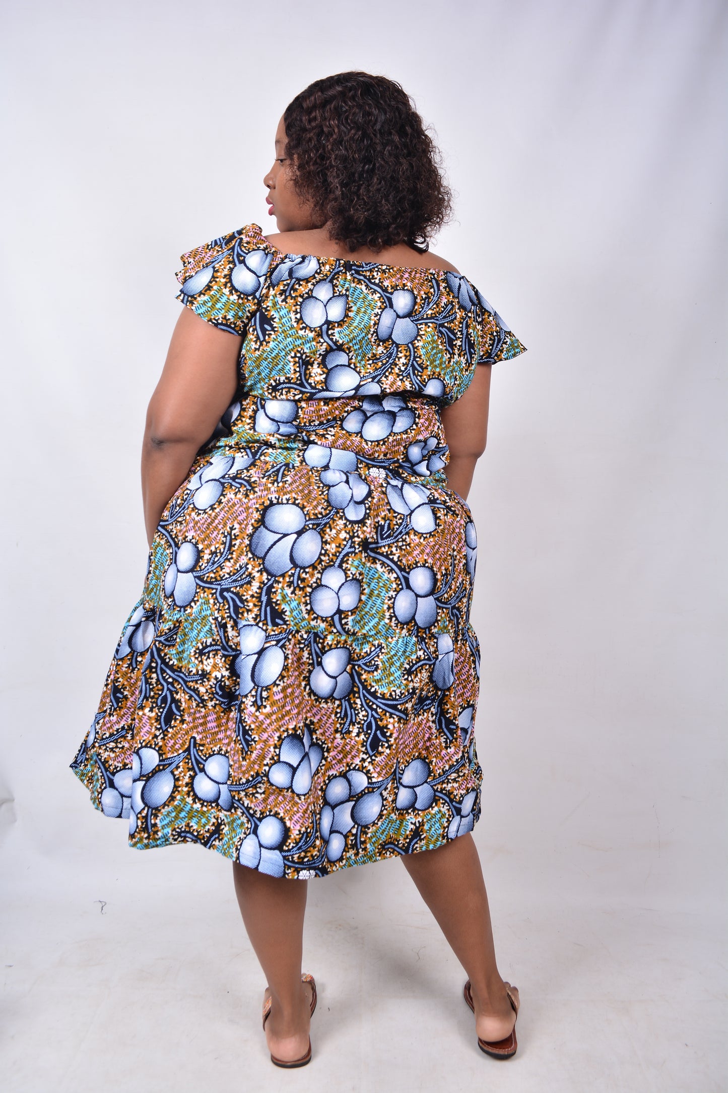 T8233 Traditional African Kente Fabric Blue, White, Green & Black Dress