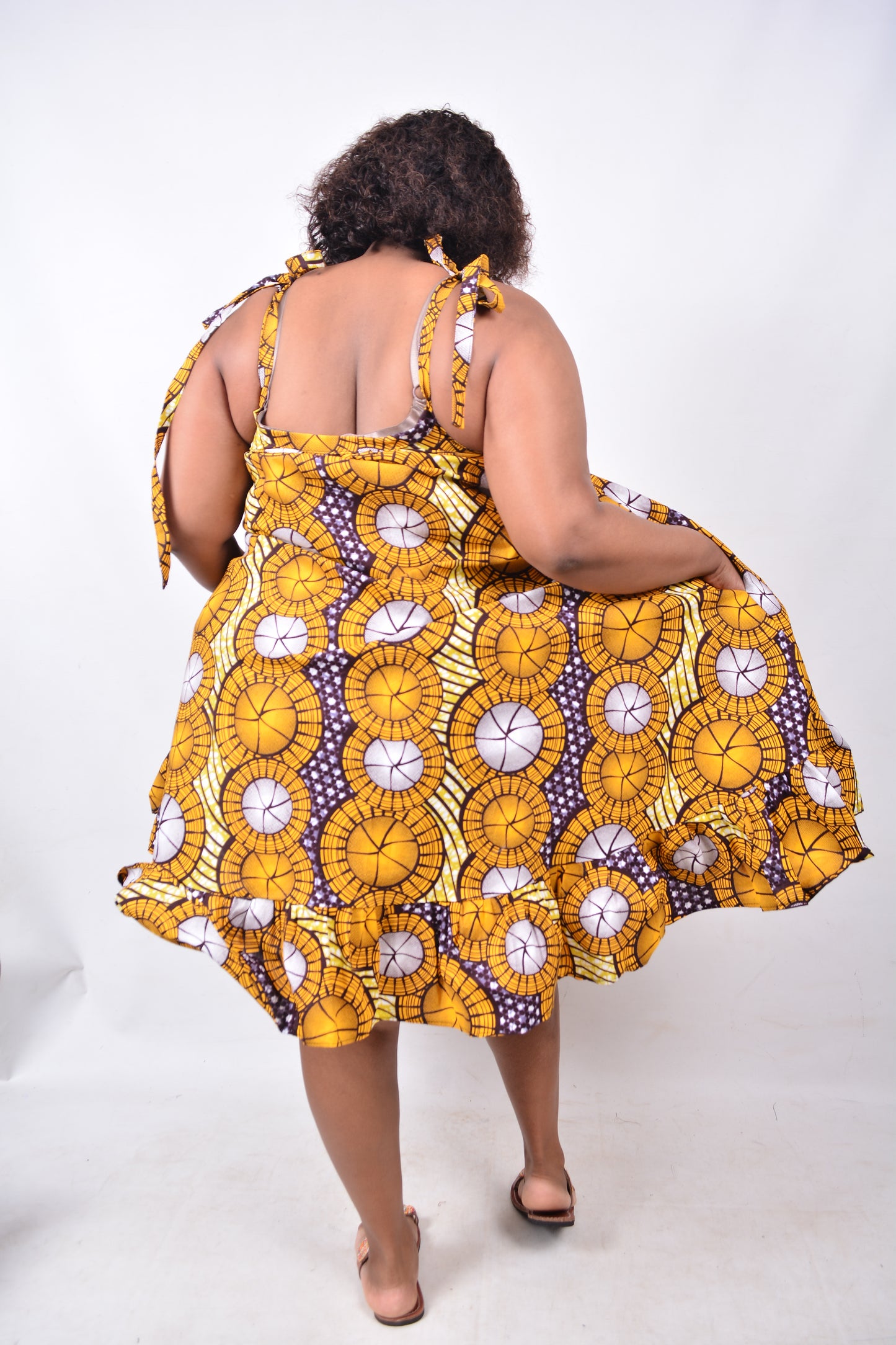 T8235 Traditional African Kente Fabric Yellow, Brown & White Dress