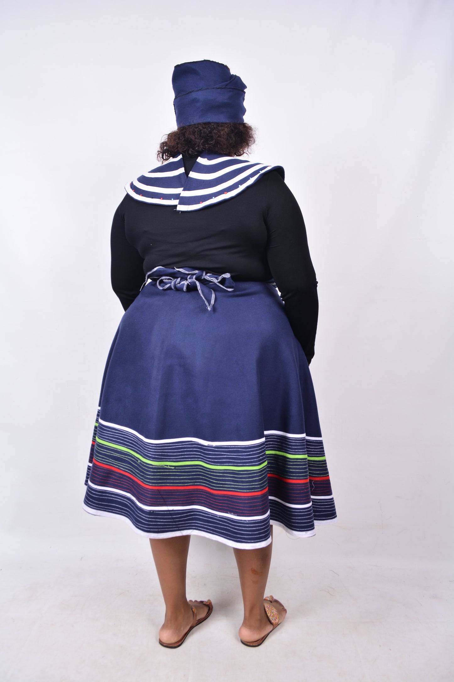 T8237 Traditional Xhosa 3 piece African Navy with White, Green & Red stripes Outfit
