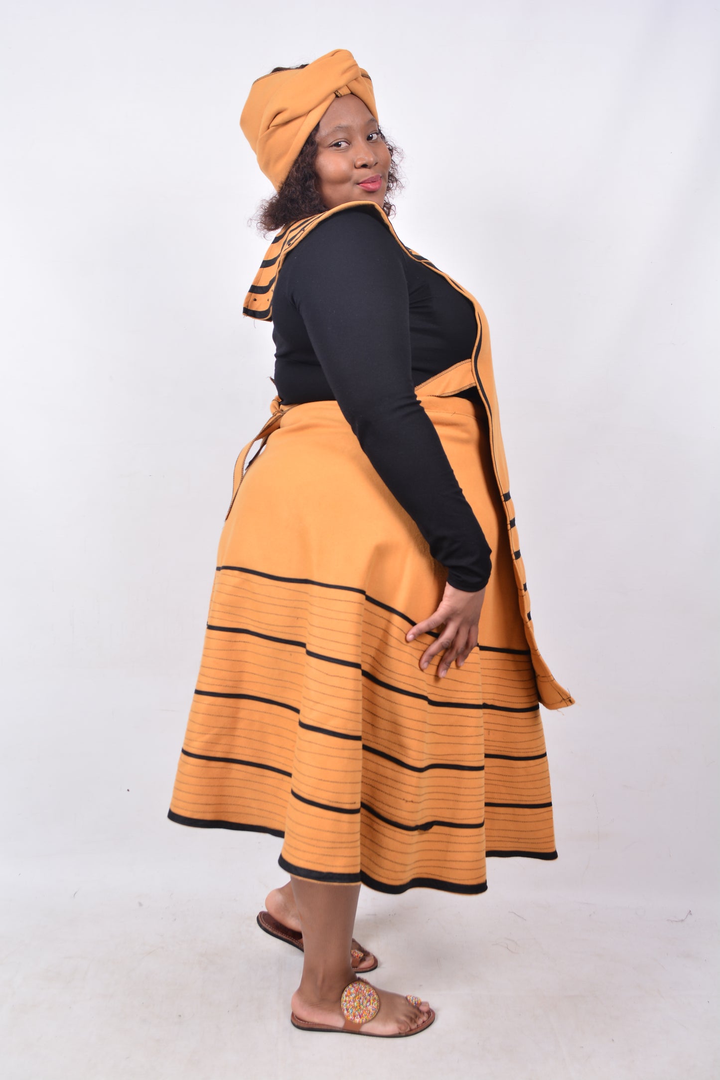 T8240 Traditional Xhosa 3 piece African Mustard & Black Outfit