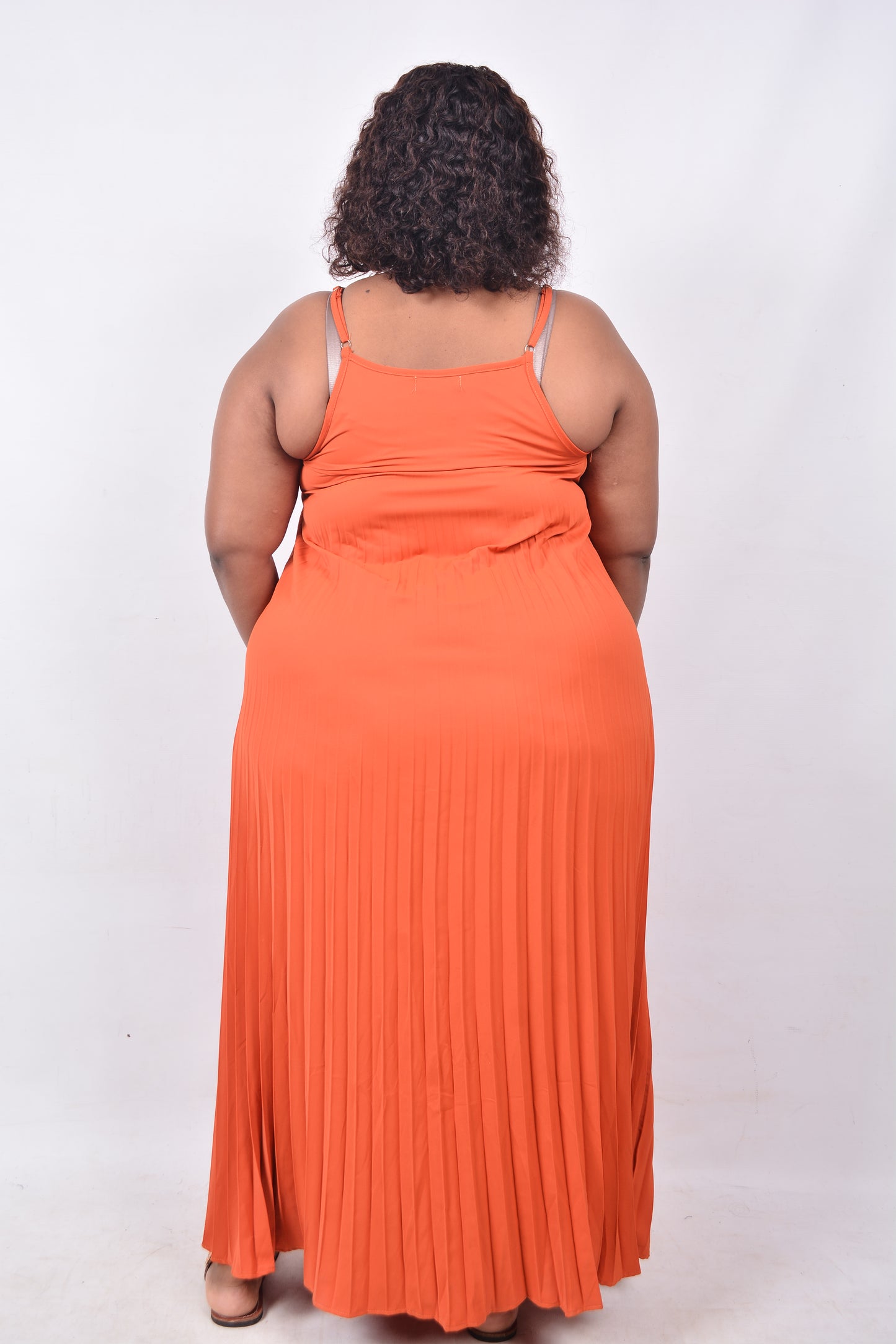T8254 Ladies Orange Maxi Sleeveless Pleated Dress with adjustable shoulder straps