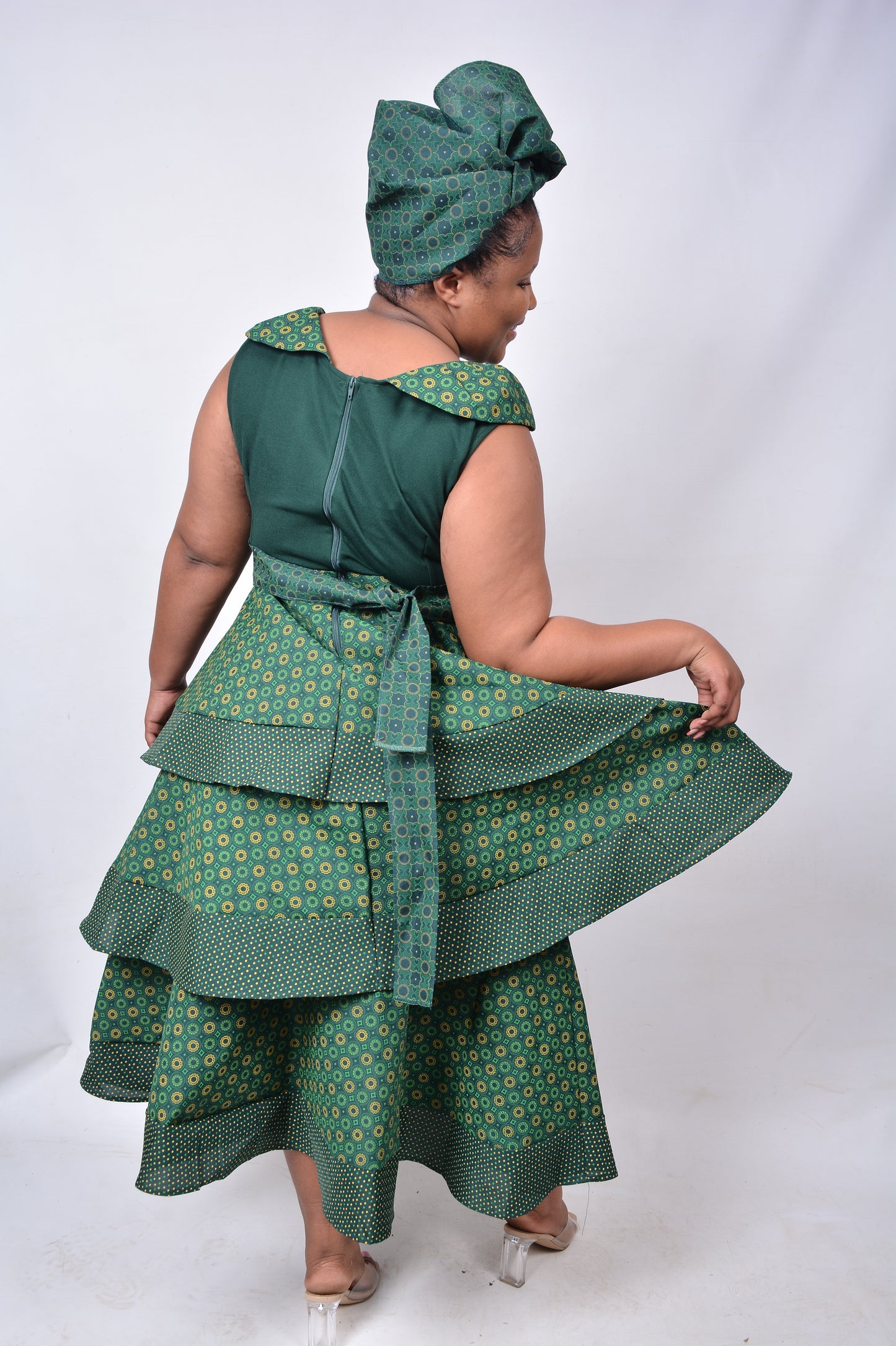 T8259 Ladies Tiered Shweshwe Green and Yellow Dress