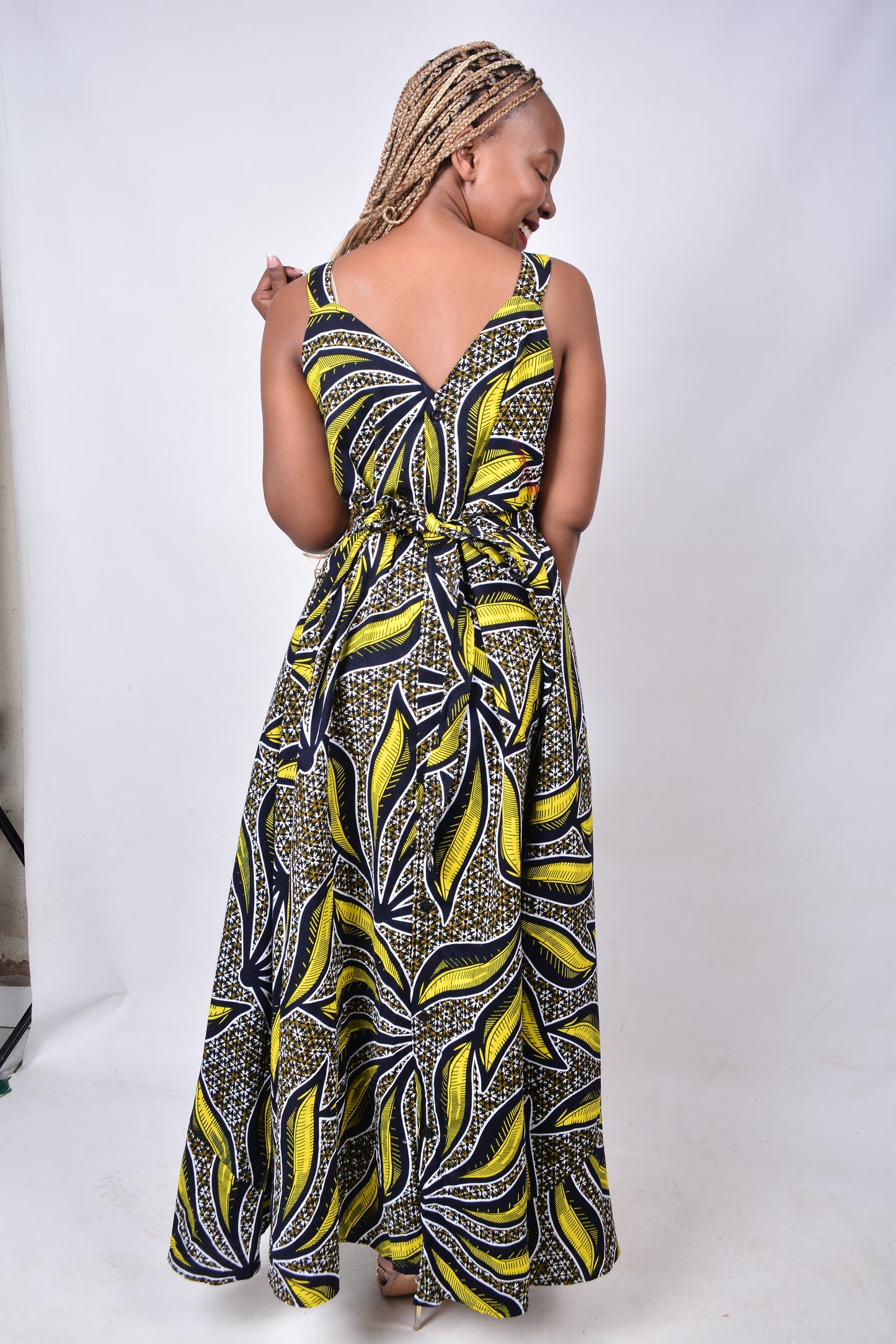 T8277 Traditional African Kente Fabric Yellow, Brown, Navy, White & Black Dress