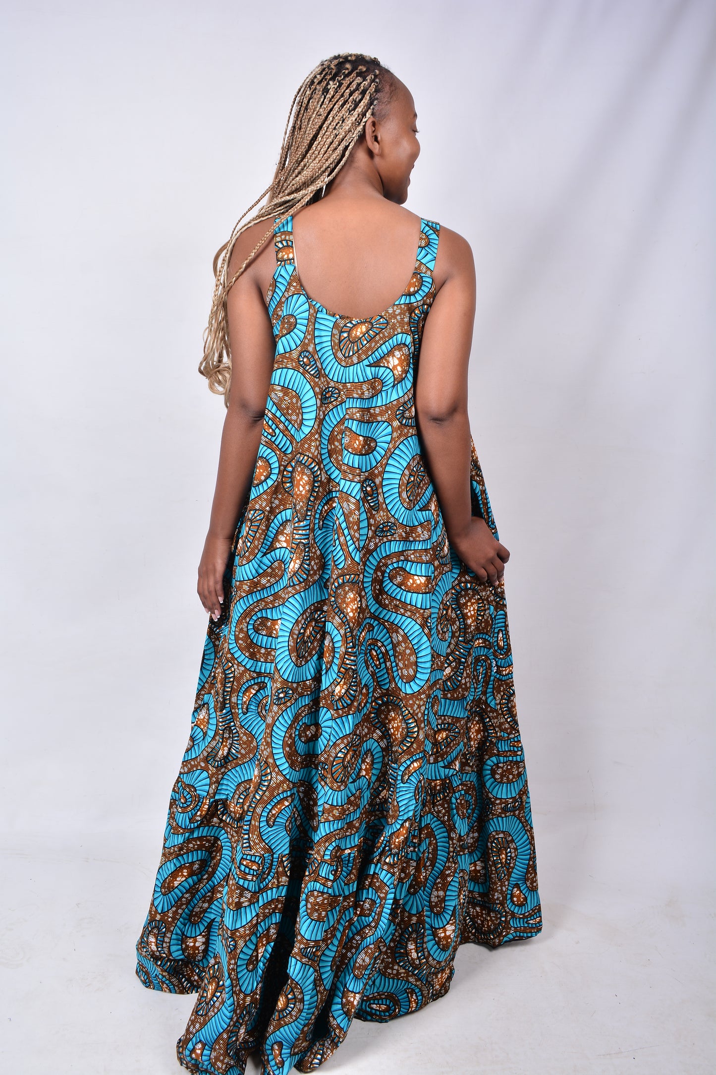 T8276 Traditional African Kente Fabric Brown, Green & Black Dress