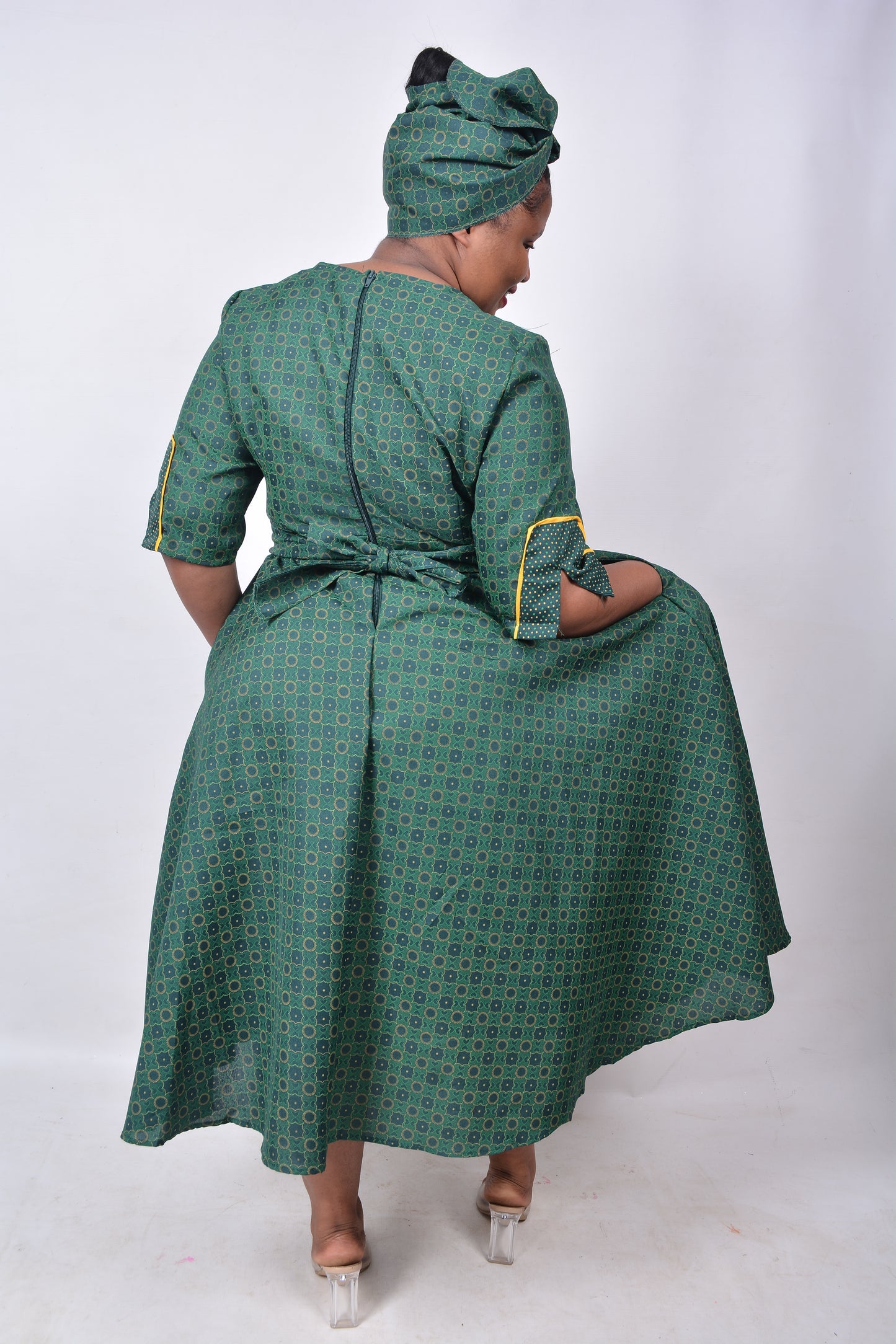 T8260 Ladies Shweshwe Green and Yellow Dress
