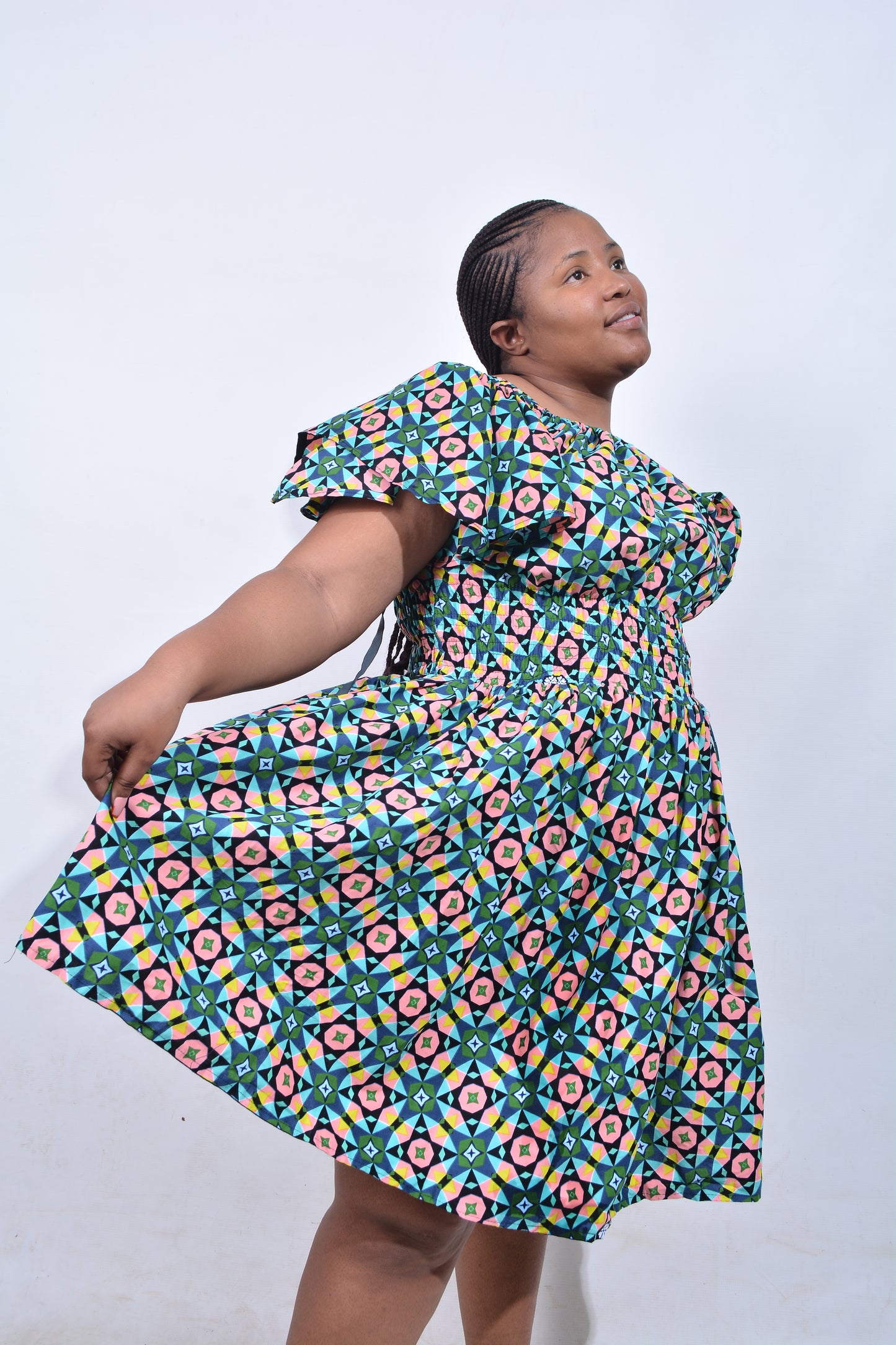T8203 Traditional African Kente Fabric Green, Pink, Yellow & Black Dress