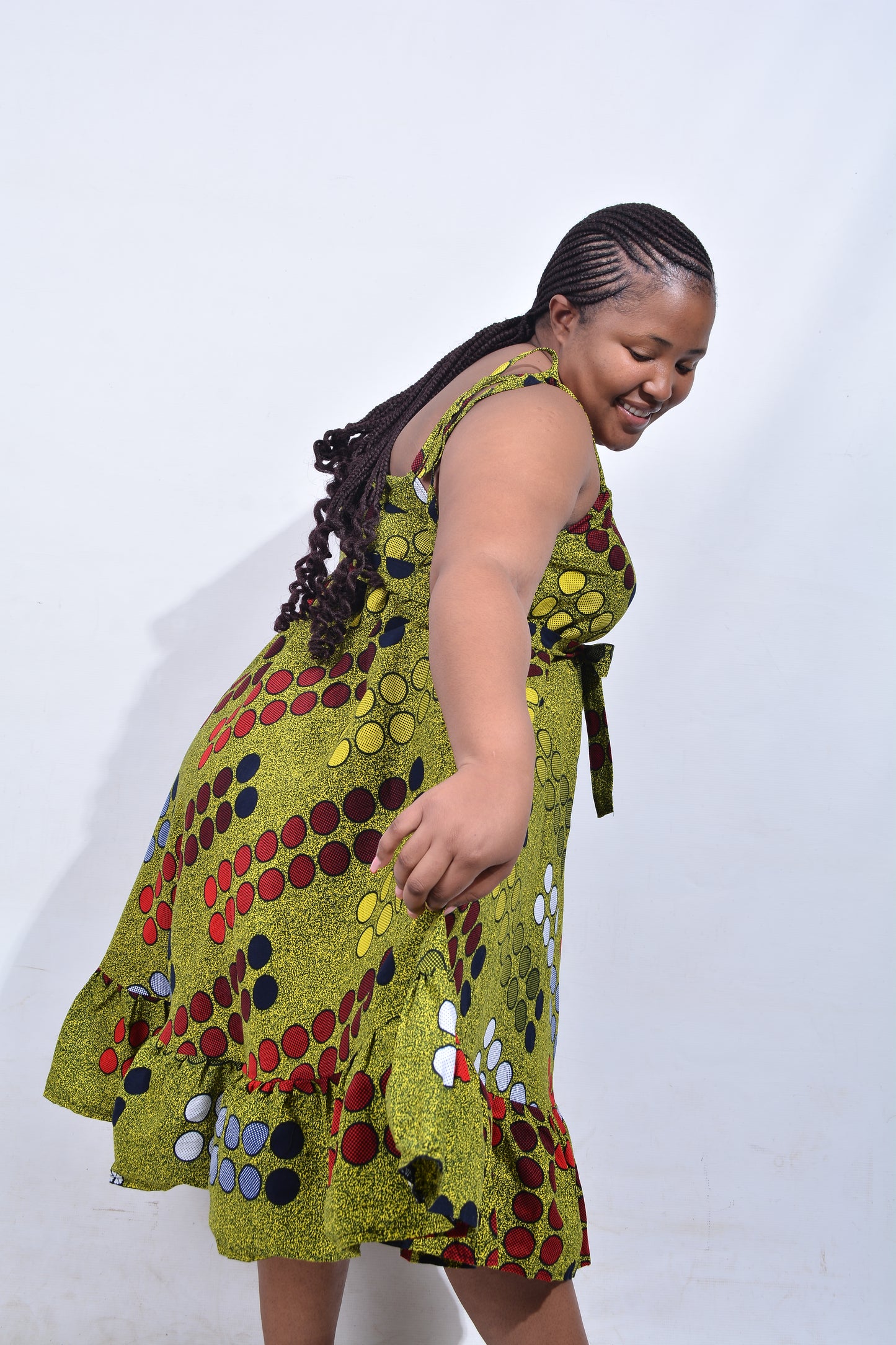 T8210 Traditional African Kente Fabric Yellow, Red, White & Black Dress