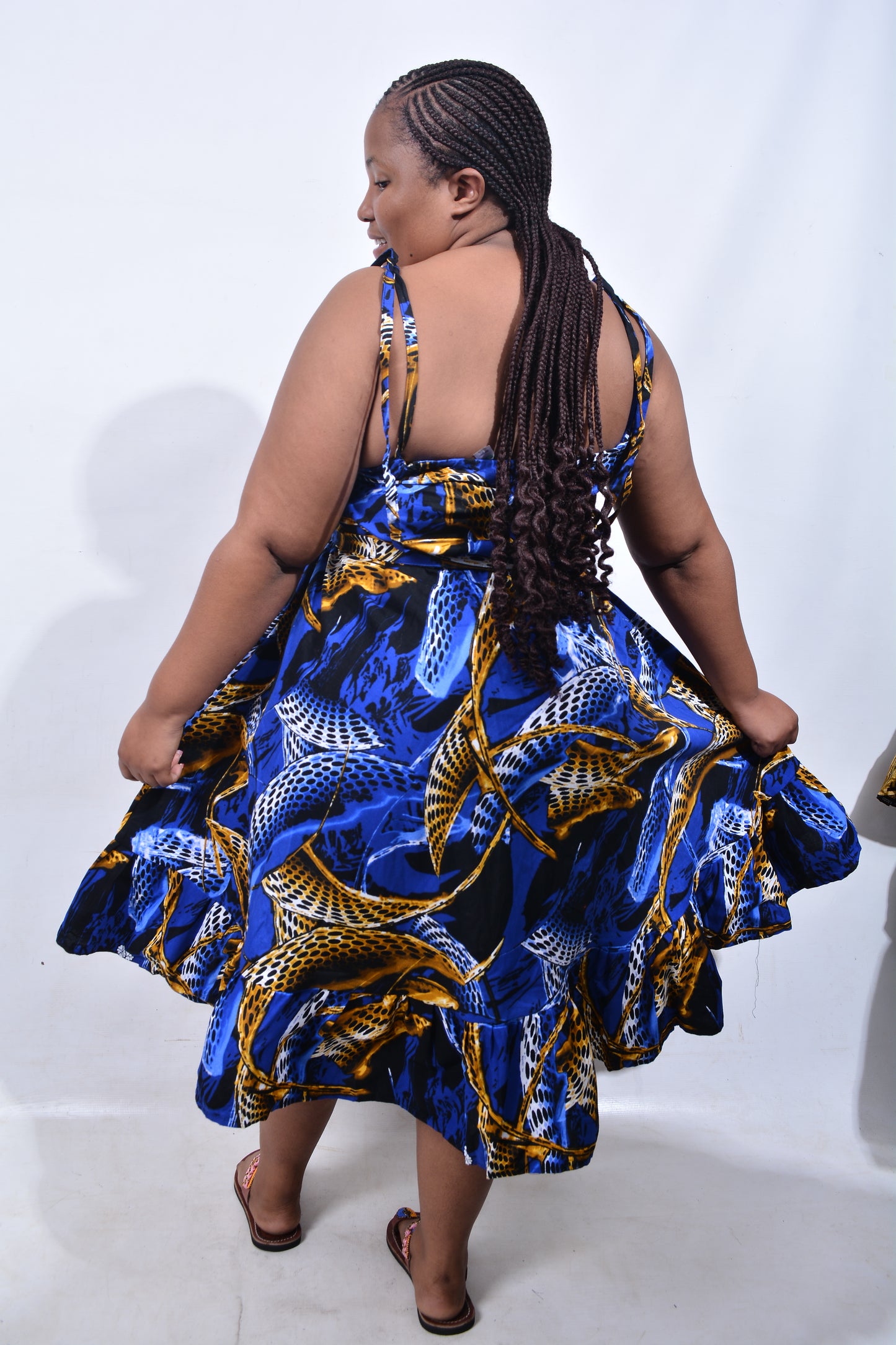 T8181 Traditional African Kente Fabric Blue Mustard Black Dress