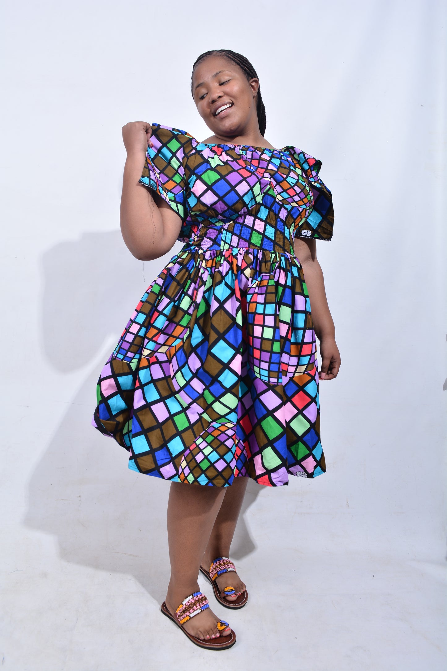 T8183 Traditional African Kente Fabric Pink, Purple, Green, Blue, Brown & Black Dress