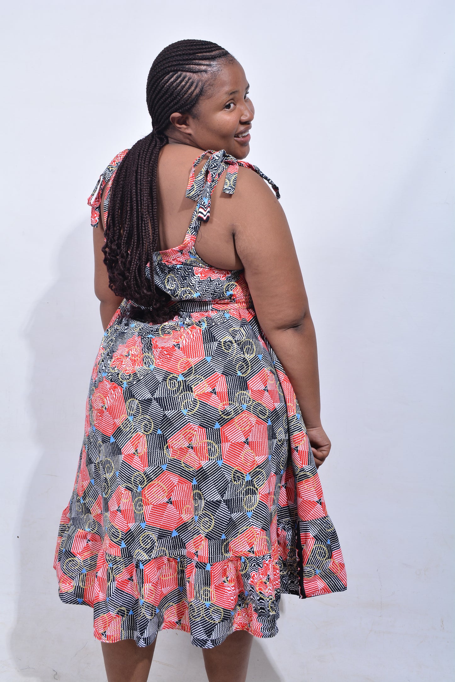 T8186 Traditional African Kente Fabric Red Black White & Mustard Dress