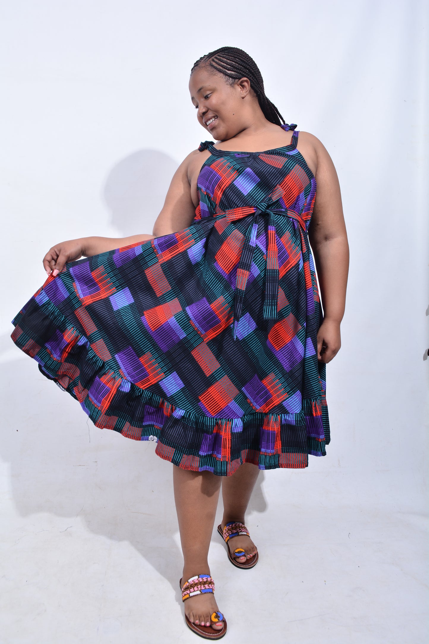 T8186 Traditional African Kente Fabric Black, Red, Green, Purple & Grey Dress