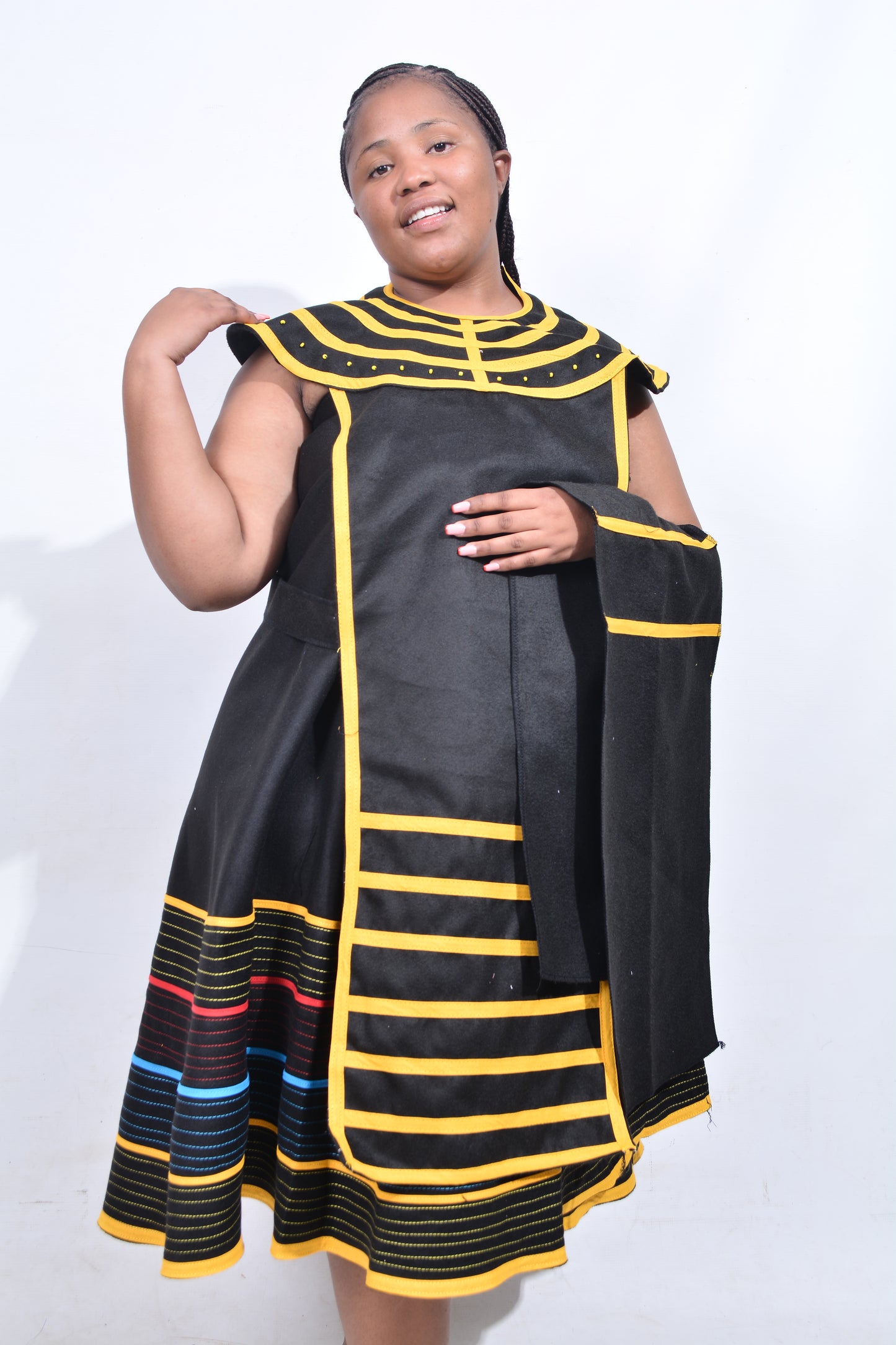 T8192 Traditional Xhosa 3 piece African Black, Red, Yellow & Blue Outfit