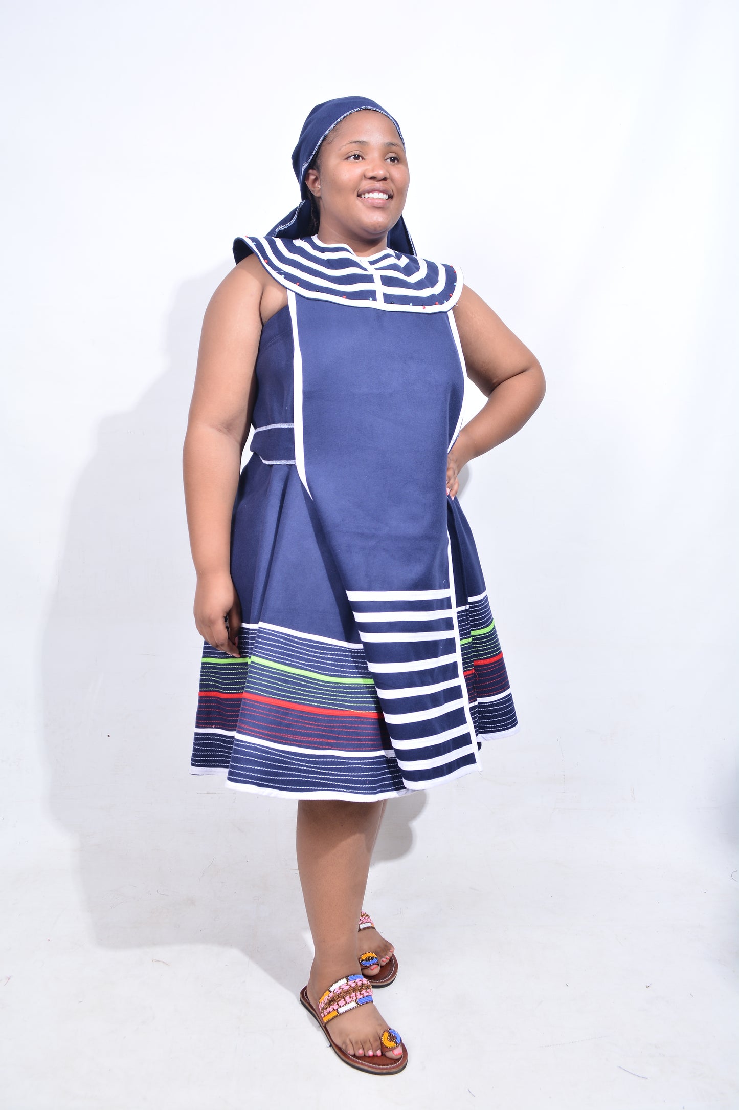 T8193 Traditional Xhosa 3 piece African Navy Blue, White, Lime & Red Outfit