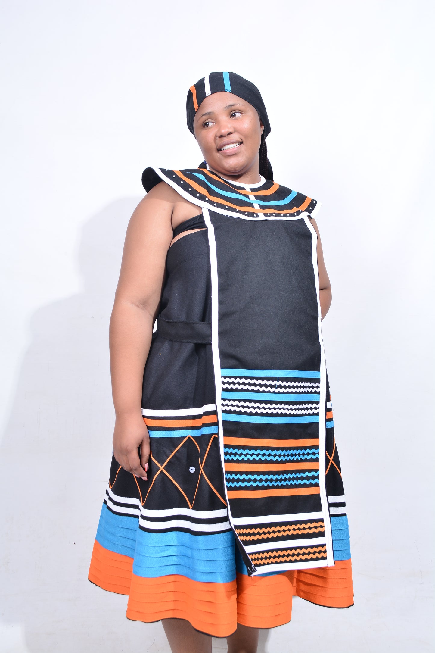 T8194 Traditional Xhosa 3 piece African Black, Orange, Blue & White Outfit