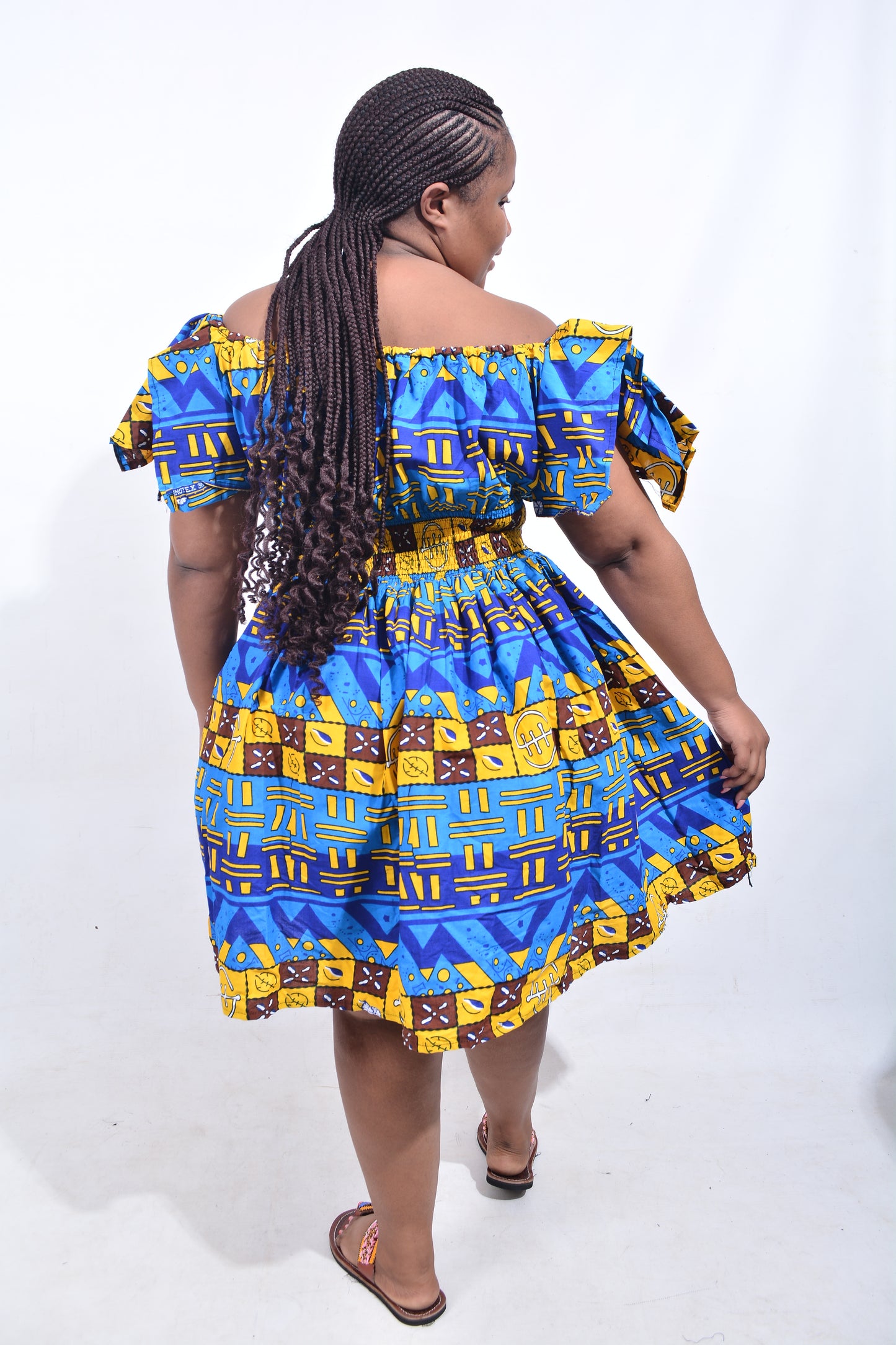 T8205 Traditional African Kente Fabric Yellow, Blue, Brown, Black & White Dress