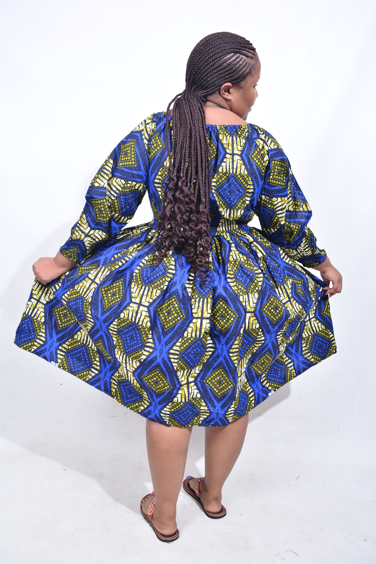 T8177 Traditional African Kente Fabric Blue Mustard Black Dress