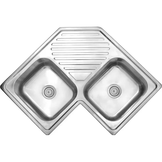 Cam square drop in double bowl corner kitchen sink 830x830mm incl90mm stainless steel
