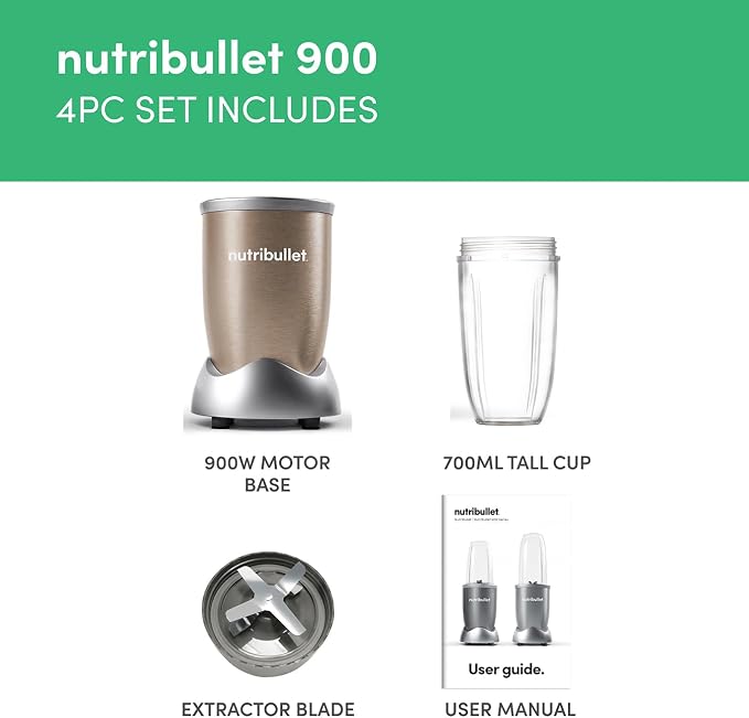 Nutribullet Blender 900 Series - 4 Piece Set - Powerful 24,000 RPM Personal Blender & Smoothie Maker - 900W - Includes 700ml Cup & Flip Top To-Go Lid, Crush Ice, Frozen Fruit & Nuts - Champagne