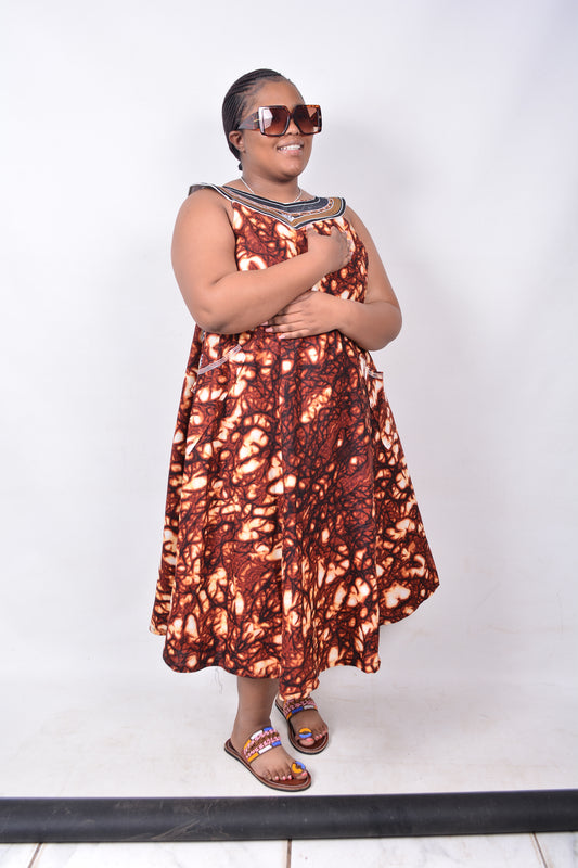 T8217 Traditional African Kente Fabric Brown, Creame & Black Dress