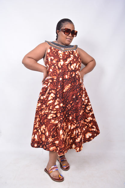 T8217 Traditional African Kente Fabric Brown, Creame & Black Dress