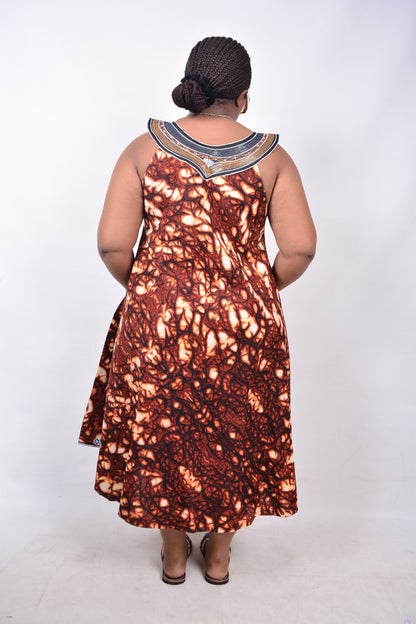 T8217 Traditional African Kente Fabric Brown, Creame & Black Dress