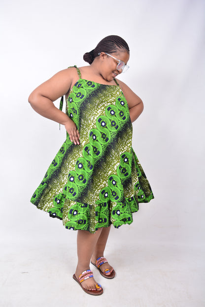 T8218 Traditional African Kente Fabric Green, White, Navy & Black Dress