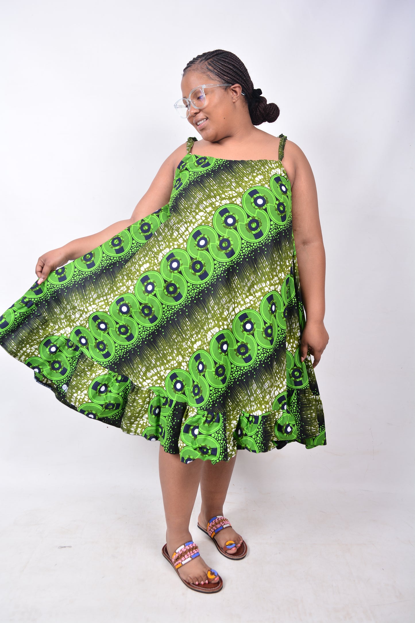 T8218 Traditional African Kente Fabric Green, White, Navy & Black Dress