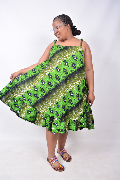 T8218 Traditional African Kente Fabric Green, White, Navy & Black Dress
