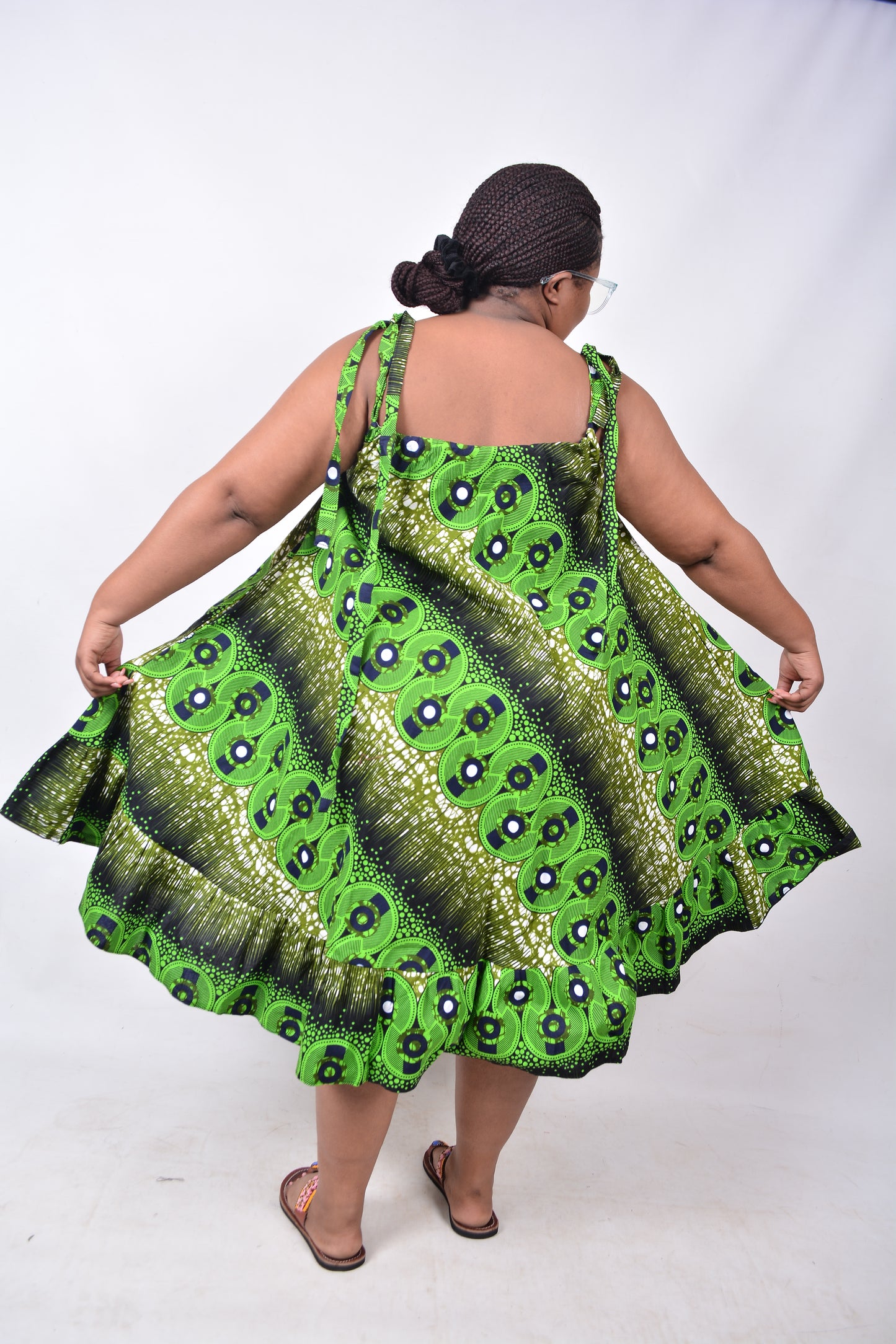 T8218 Traditional African Kente Fabric Green, White, Navy & Black Dress