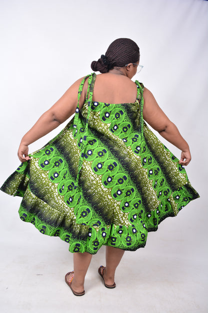T8218 Traditional African Kente Fabric Green, White, Navy & Black Dress