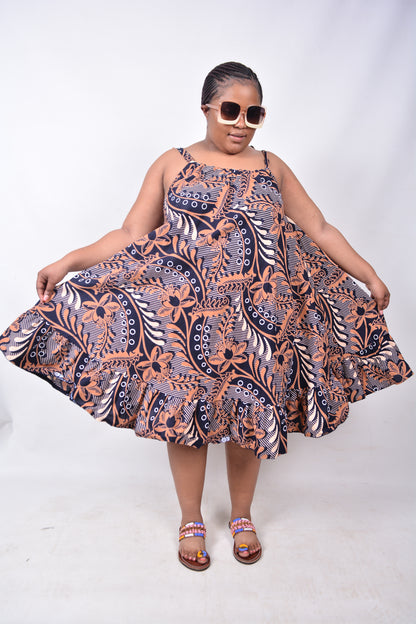 T8219 Traditional African Kente Fabric Brown, White & Navy Dress