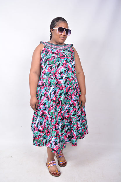 T8220 Traditional African Kente Fabric Pink, Green, White & Black Dress