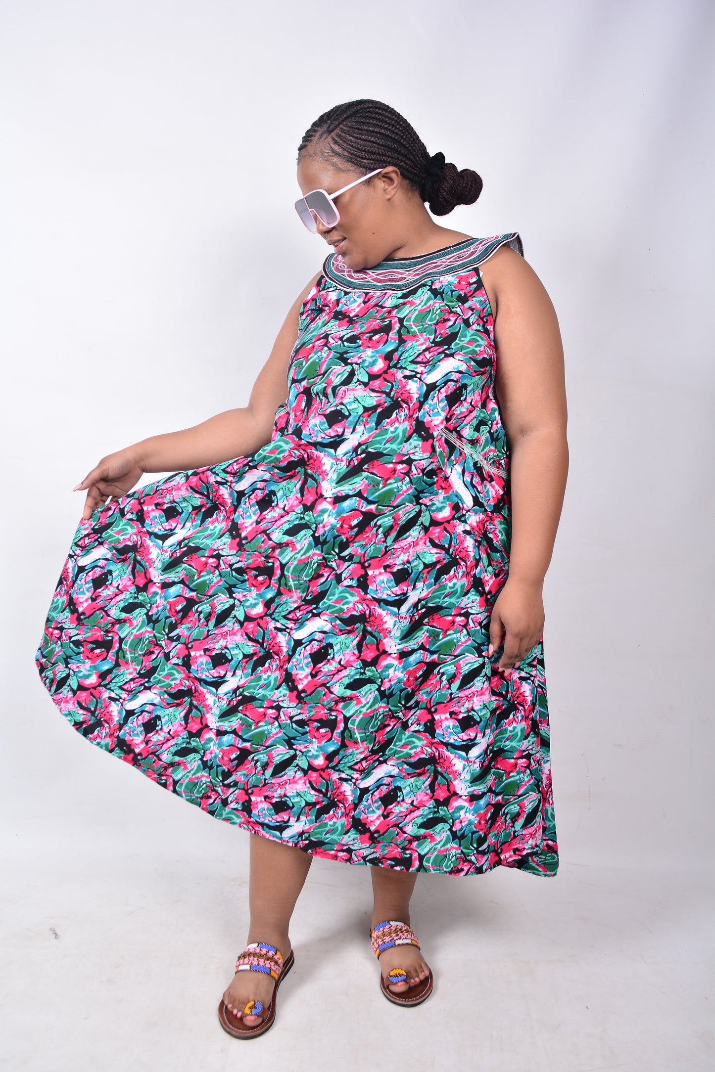 T8220 Traditional African Kente Fabric Pink, Green, White & Black Dress