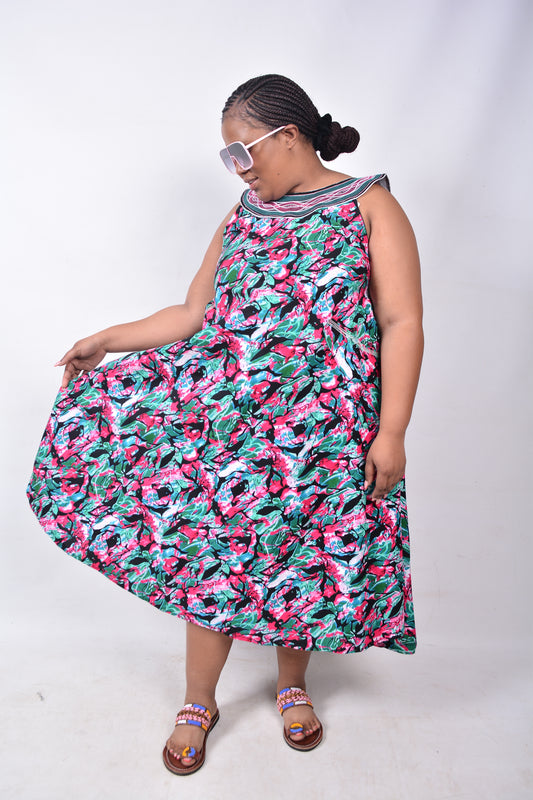 T8220 Traditional African Kente Fabric Pink, Green, White & Black Dress