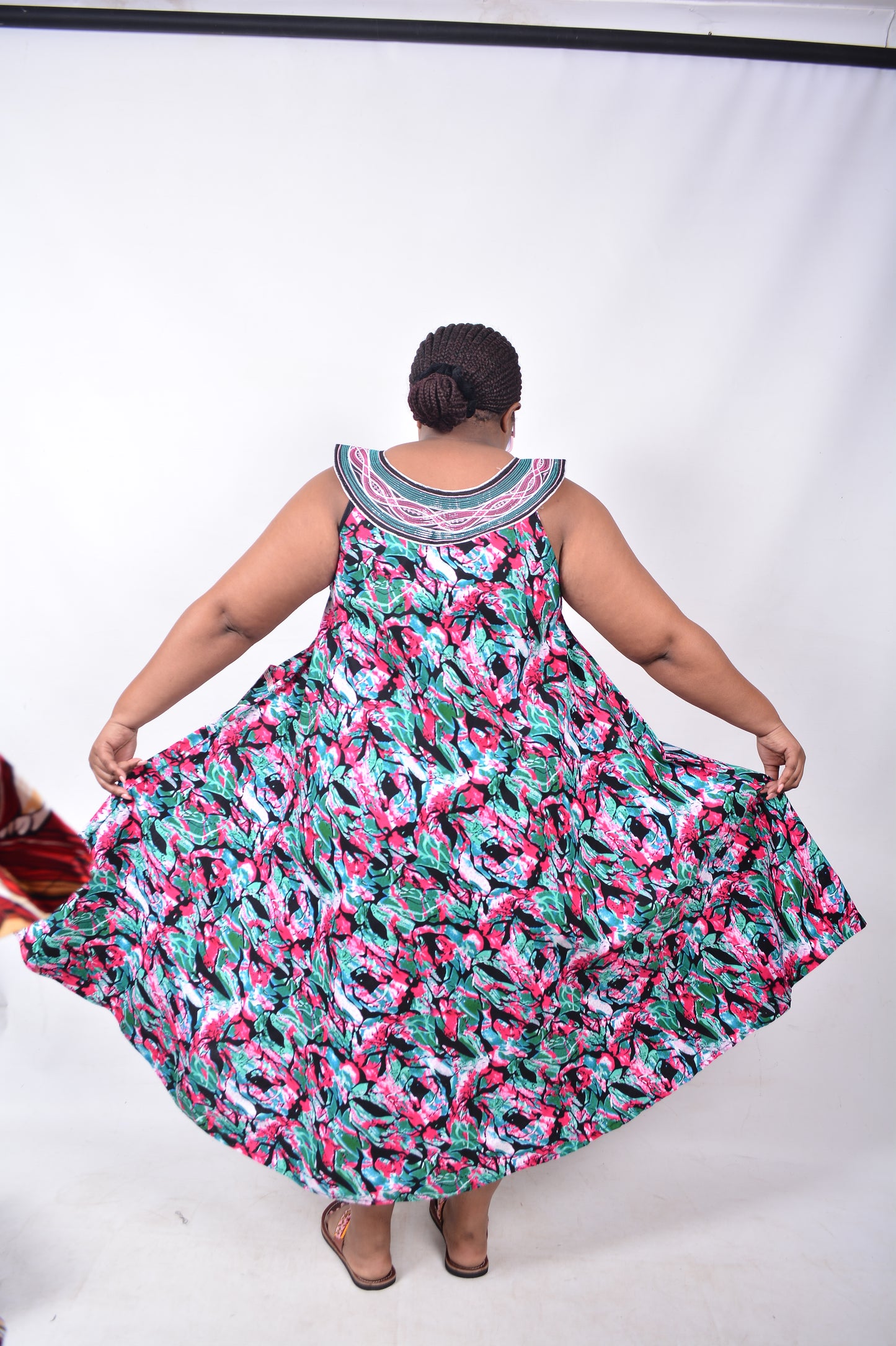 T8220 Traditional African Kente Fabric Pink, Green, White & Black Dress