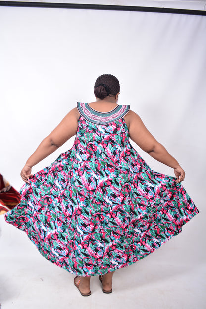 T8220 Traditional African Kente Fabric Pink, Green, White & Black Dress