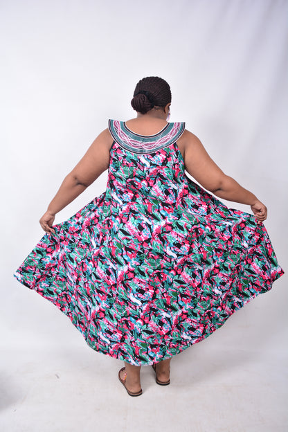 T8220 Traditional African Kente Fabric Pink, Green, White & Black Dress