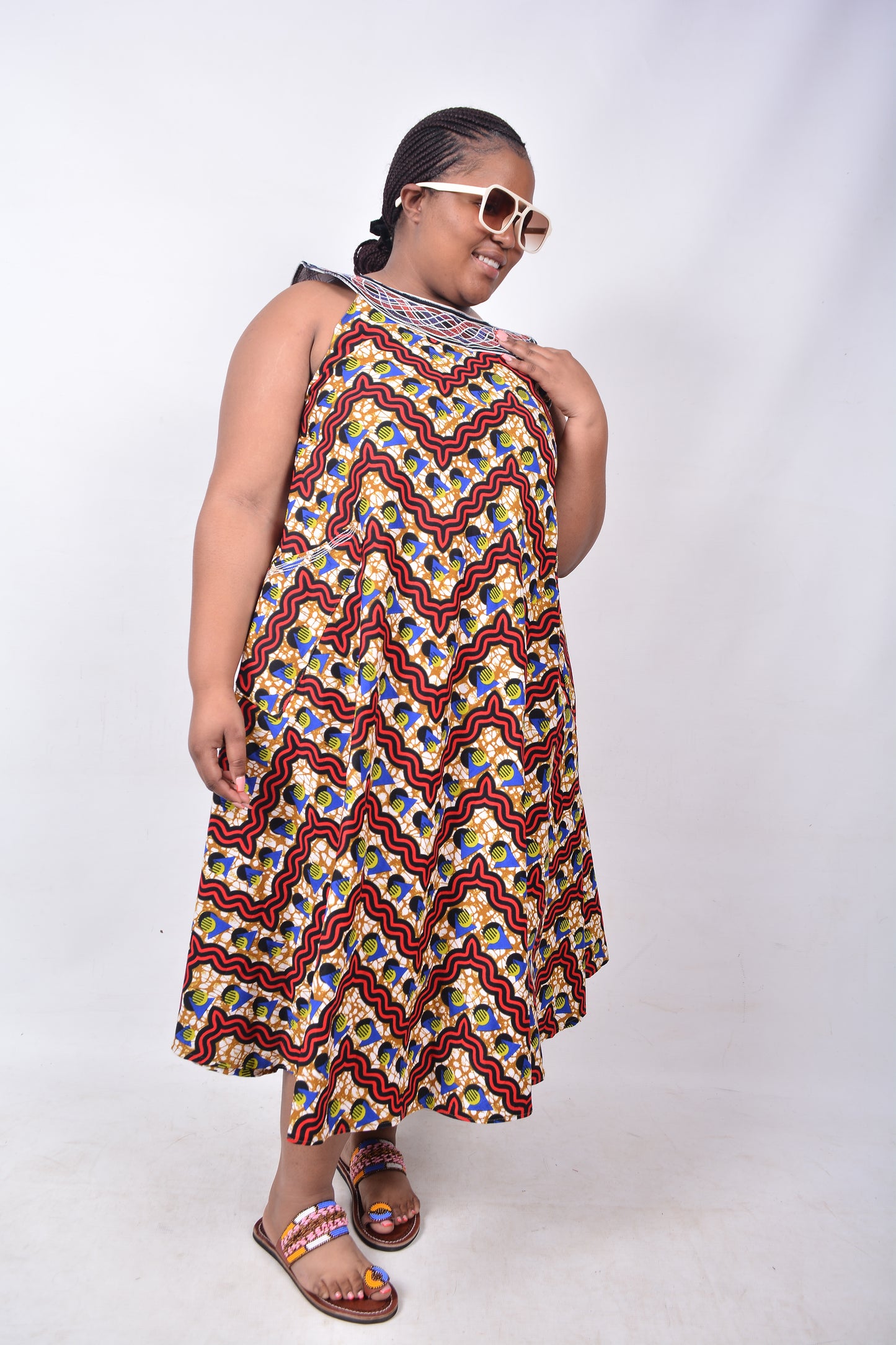 T8221 Traditional African Kente Fabric Red, Blue, Yellow, White & Black Dress