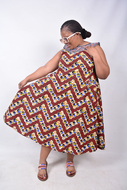 T8221 Traditional African Kente Fabric Red, Blue, Yellow, White & Black Dress