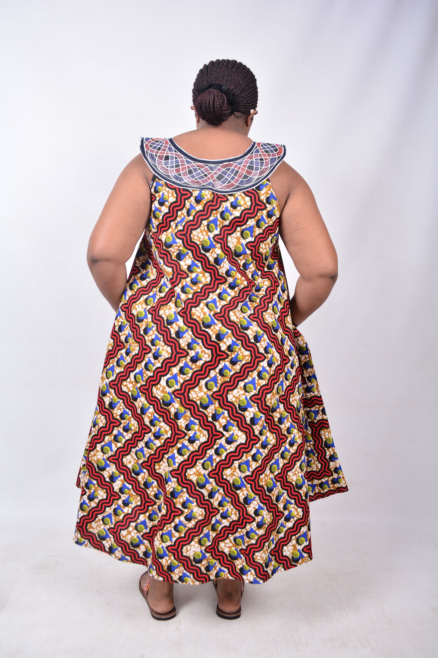 T8221 Traditional African Kente Fabric Red, Blue, Yellow, White & Black Dress