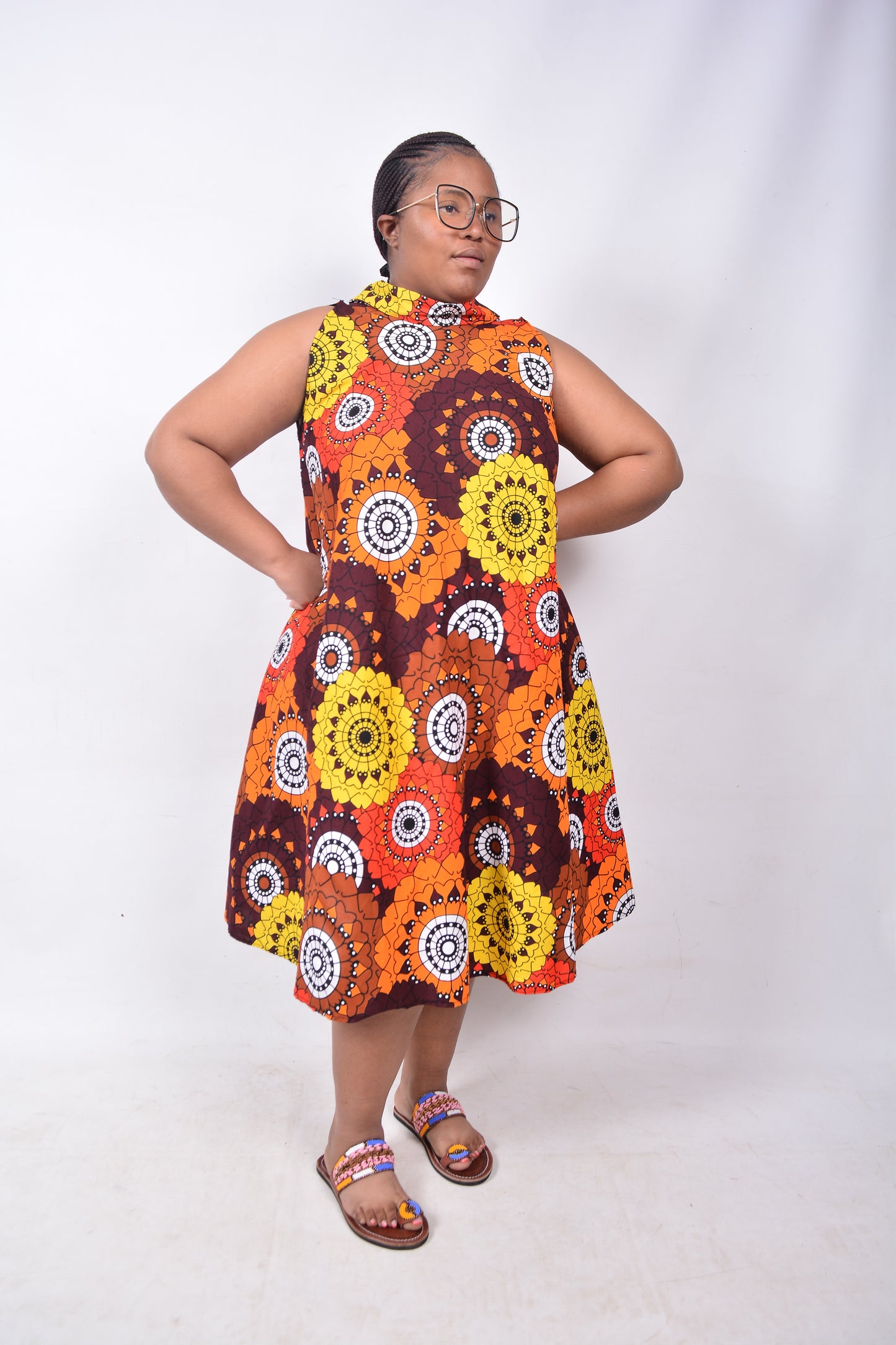 T8222 Traditional African Kente Fabric Orange, Brown, White, Yellow & Black Dress