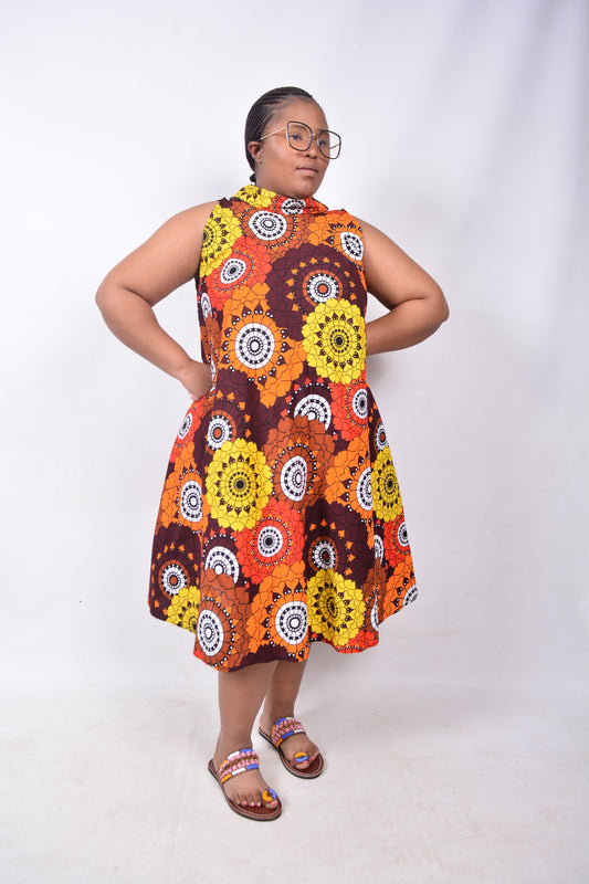 T8222 Traditional African Kente Fabric Orange, Brown, White, Yellow & Black Dress