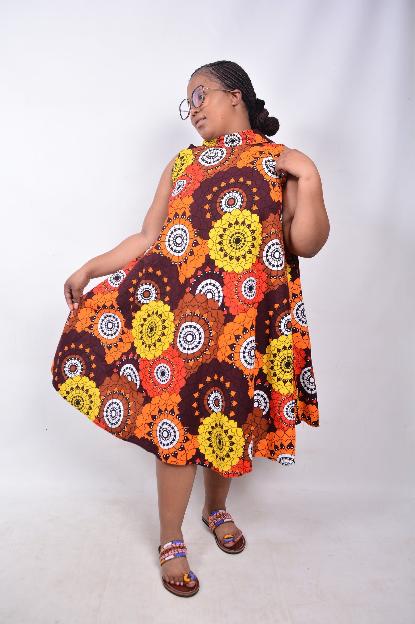 T8222 Traditional African Kente Fabric Orange, Brown, White, Yellow & Black Dress