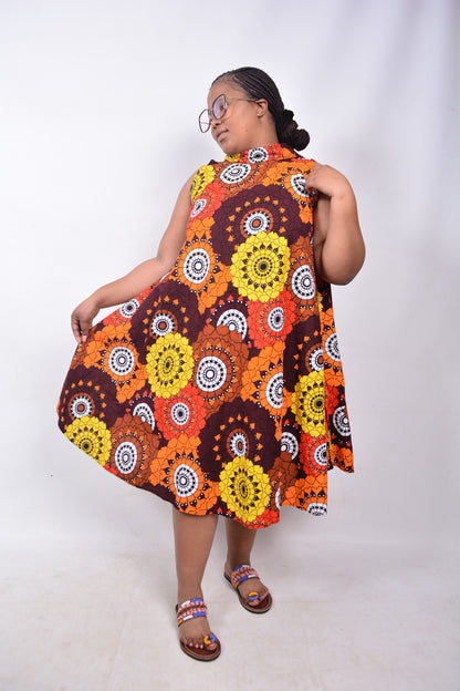T8222 Traditional African Kente Fabric Orange, Brown, White, Yellow & Black Dress
